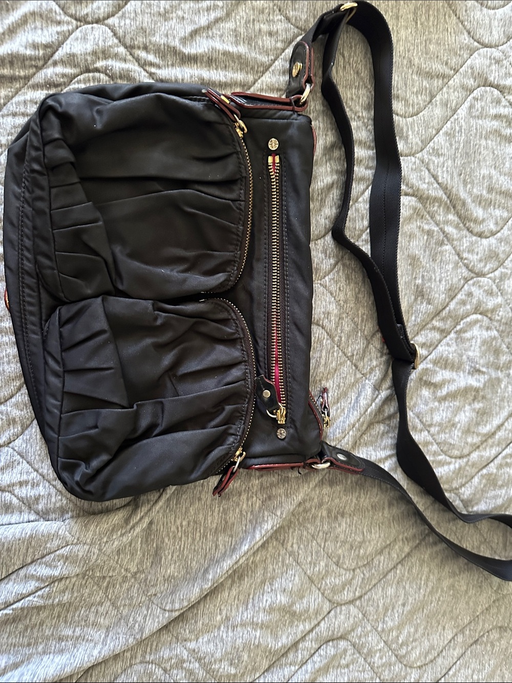 MZ Wallace Black Ruffle Front Crossbody with Gold Hardware